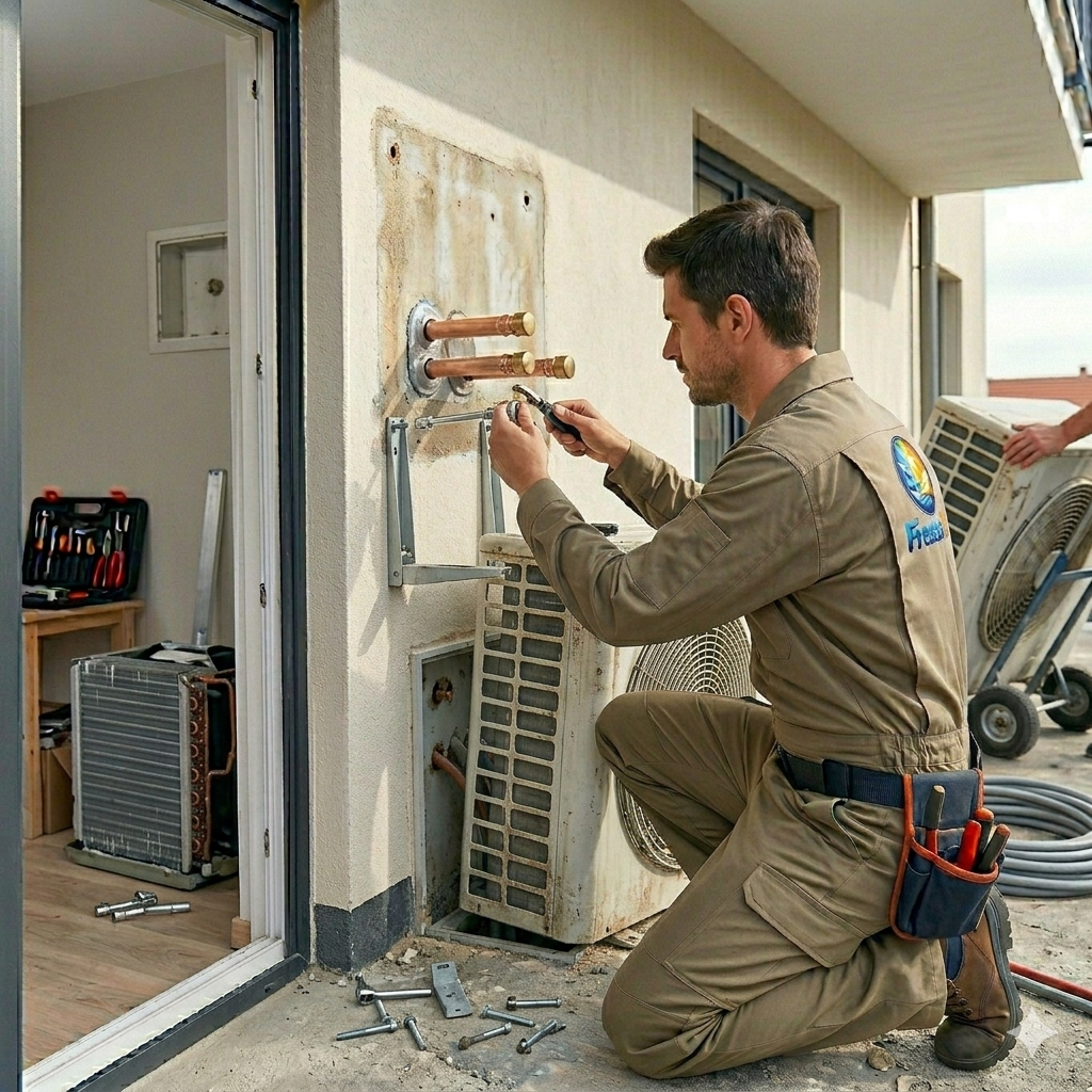 Τεχνικός FreskoFix αφαιρεί παλιά μονάδα κλιματιστικού